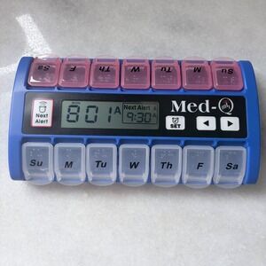 Med-Q Smart Pill Dispenser Reminder 14 Compartment Dual Row Alarm Blue tested